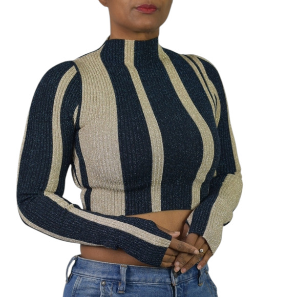 Self Portrait Crop Top Blue Striped Lurex Metallic Shiny Mock Neck Fitted Small - Picture 1 of 13